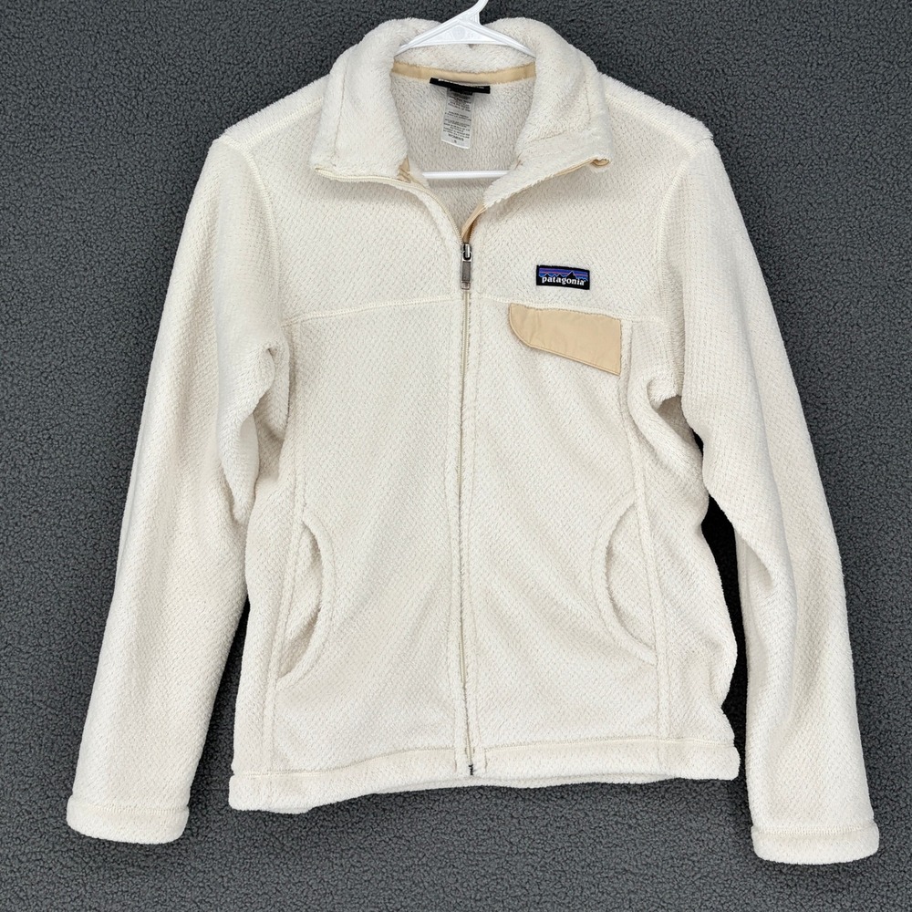 Patagonia Synchilla Full Zip Fleece Jacket Cream Tan Pocket Womens Small